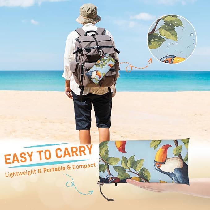 Waterproof Sandproof Beach Blanket 59''×68'' Animals Parrots Polyester Outdoor Picnic Blanket with 4 Stakes &amp Storage Bag for BeachCampingVacation