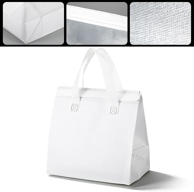 50PCS Insulated Take Away Bags Bulk Thermal Insulated Lunch Take Out Grocery Hot Cold Food Bags White Delivery Cooler Bag for Coffee Milk Catering Restaurant Grocery Picnic 9.5 x 9.5 x 6