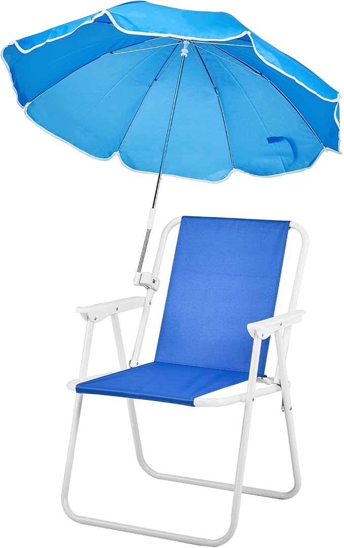 Folding Beach Chair with Umbrella – Portable Lightweight Lounge Chair for Adults with High Back &amp Heavy-Duty Frame UPF Sun Protection for Beach Camping Park Concerts (Blue)