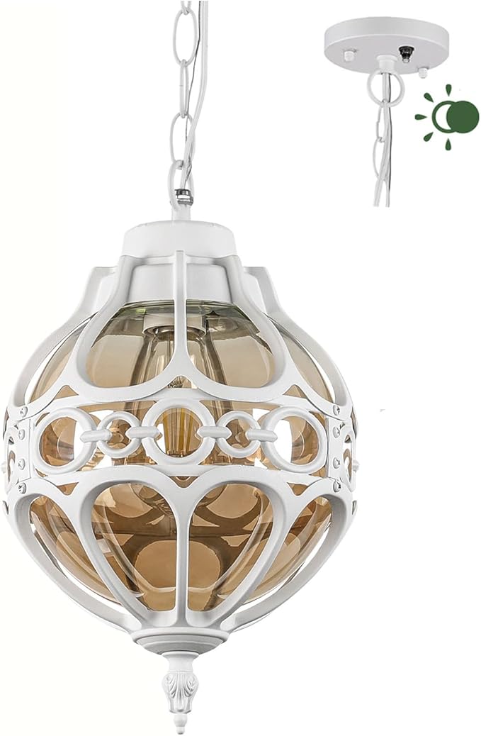 Dusk to Dawn Globe Outdoor Pendant Lights White Porch Hanging Lantern Pendant Lighting Outside Aluminum Waterproof Adjustable Ceiling Light Vintage Amber Glass Exterior Chandelier