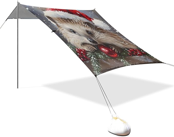 ALAZA Christmas Hedgehog Beach Tent Sun Shelter UPF50+ Protection Beach Shade Canopy w/ 4 Sandbags for Outdoor Camping Fishing Backyard Fun Picnic 10x9 ft