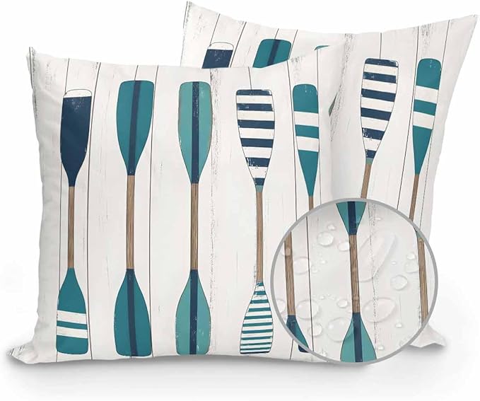 Outdoor Pillows Waterproof Striped Lake Paddles Bedding Throw Pillows with Insert for Couch Sofa Bed Summer Watercolor Vintage Wood Grain 18x18 Inch Camping Patio Pillow Set of 2