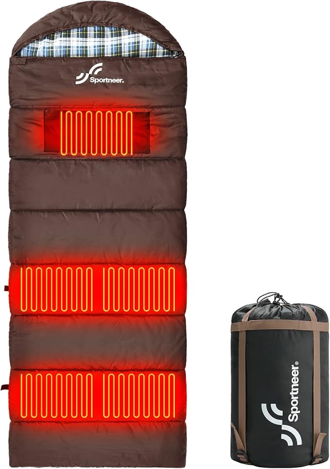 Sportneer Heated Sleeping Bag with 5 Heating Zones Warm Flannel Cold Weather Sleeping Bag for Adults 3 Heat Levels USB Powered (Power Bank Not Included) Winter Camping &amp Outdoor Hiking