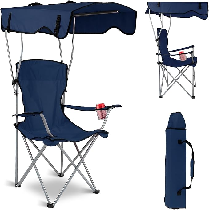 Camping Chair with CanopyOutdoor Folding Chair with Adjustable Shade &amp Cup Holder Heavy Duty Beach Chair for Adult Portable Camping Recliner Support 335 LBS