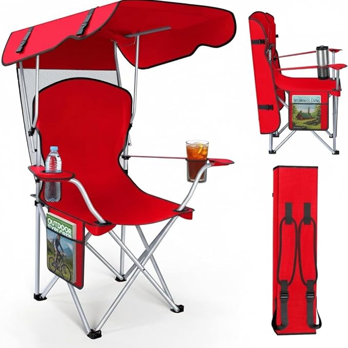 Portable Folding Camping Chairs with Canopy Shade Beach Chair for Adults Durable Weather Resistant 600D Oxford Cloth Camping Chair with Canopy for Outdoors [Red]