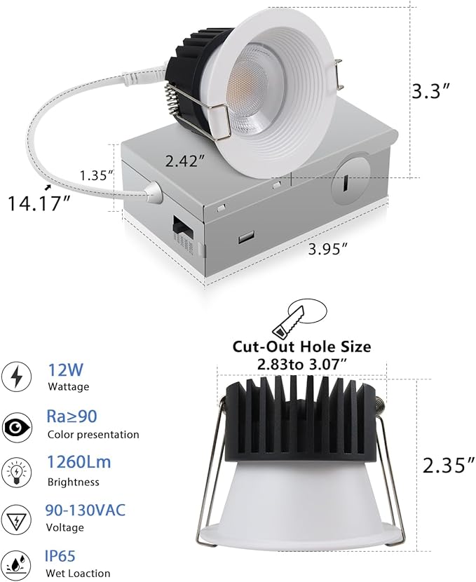 Adetu 3 Inch 5CCT Anti-Glare LED Downlight with Junction Box 2700K/3000K/4000K/5000K Selectable CRI90+ 12W COB 1160LM IP65 Waterproof Dimmable-ETL and Energy Star Certified (White12 Pack)