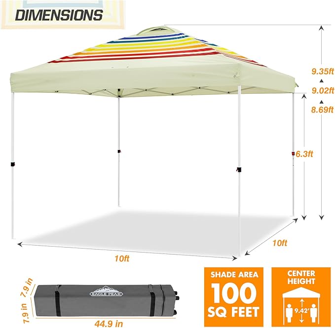 EAGLE PEAK Pop Up Canopy Tent with Wheeled Carry Bag 8 Stakes 4 Ropes 4 Weight Bags Easy Set Up Tent Canopy 10x10 ft 100sqft of Shade Retro Stripe Tan