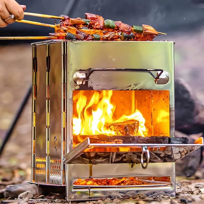 REDCAMP Wood Burning Folding Camp Stove Stainless Steel Grid Portable Collapsible Backpacking Stove Survival Rocket Stove for Hiking Outdoor Tent Camping Picnic BBQ Samll