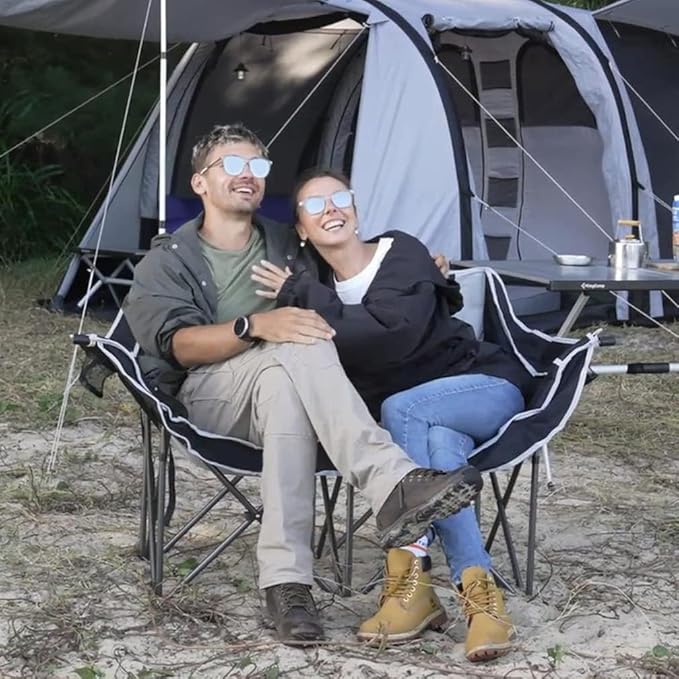Outdoor Fully Padded Double Camping ChairBeach Folding Loveseat Camping Couch Double Duo Chair Patio Heavy Duty Quad Fold Chair Arm Chair with Cup Hold