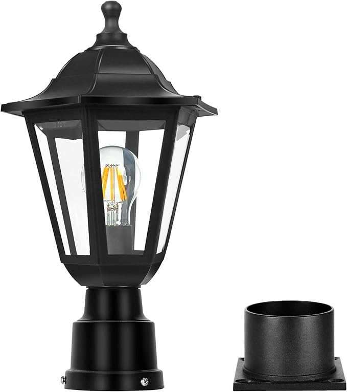 FUDESY Outdoor Post Light Exterior Lamp Post Light Fixture with Pier Mount Base Waterproof Pole Lantern Lighting with E26 Socket Matte Black Plastic Lamp for Garden Patio Pathway(Bulb Included)