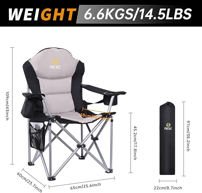 Nice C Heated Camping Chair with Battery Outdoor Sports Heated Chair Heated Camping Chairs for Adults Folding Beach Chair Heavy Duty Cooler Carry Bag 10000mAh Power Bank Included (1 Pack)