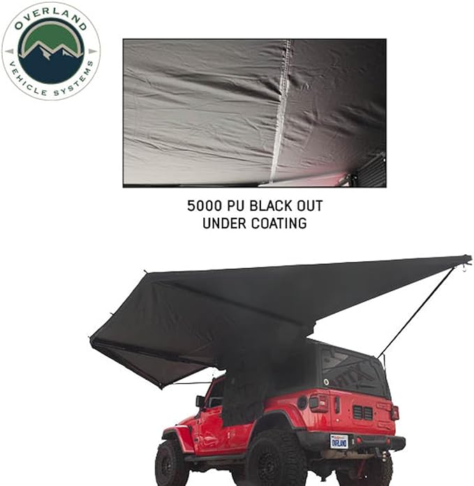 Overland Vehicle Systems 19609927 XD Nomadic 180 Degree Awning Universal with Integrated LED Lights and Black Out | 88 Sq Ft of Coverage | Black Fabric and Travel Bag Included | Weather-Resistant