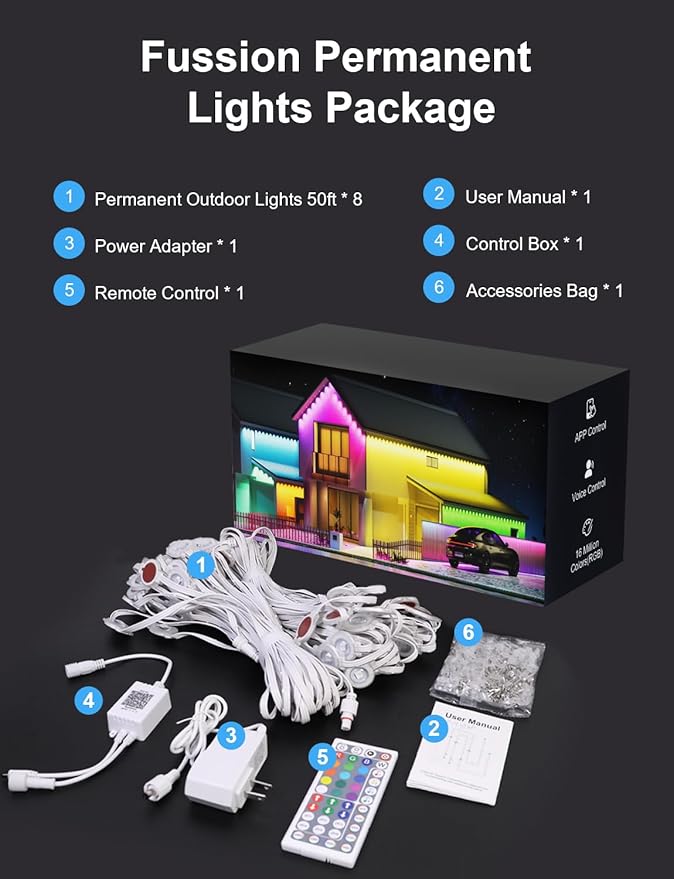 Fussion 400ft Permanent Outdoor Lights for House 2025 Smart RGB LED Outside Lights with Remote Control IP67 Waterproof Eternity Eaves Lighting for Christmas Halloween Holiday Party Daily
