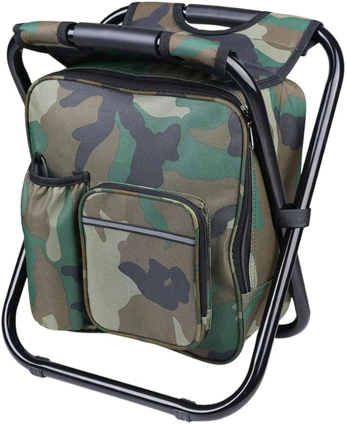 Portable Stool Backpack Cooler Chair Lightweight Backrest Stool Compact Folding Chair Seat Hiking Camouflage Seat Table Bag Camping Gear for Outdoors Hiking Beach Travel Camping BBQ (Army Green)