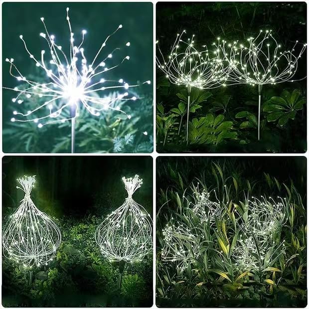Solar Firework Lights 2Pcs Garden Lights Outdoor Waterproof 120 LED with 8 Modes Twinkling and Steady-On Festive daysStarburst Lights for Path Patio Yard (Cool White)
