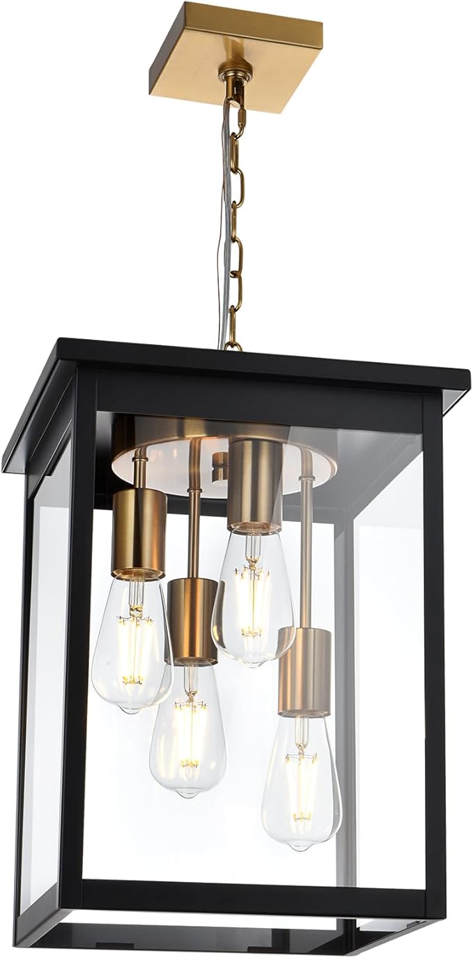 TODOLUZ Outdoor Pendant Light Fixtures 4-Lights Large Outdoor Ceiling Hanging Lanterns in Black &amp Brushed Brass Farmhouse Exterior Chandelier for Front Door Entry Patio