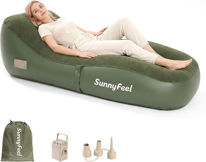 SUNNYFEEL Inflatable Lounge Chair with Built-in Pump Heavy Duty PVC Flocked Inflatable Sofa for Adults Portable Air Lounger for Camping Beach Home &amp Outdoor Army Green