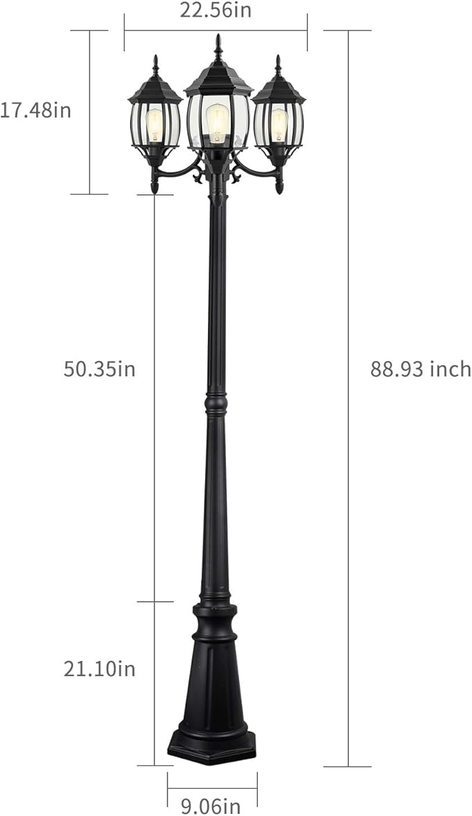 Dusk to Dawn Sensor Outdoor Lamp Post Light 3-Head Classic Black Light Pole with Clear Glass Panels (3 LED Bulbs Included Max.100W) Waterproof Outside Street Light for Backyard Garden Driveway