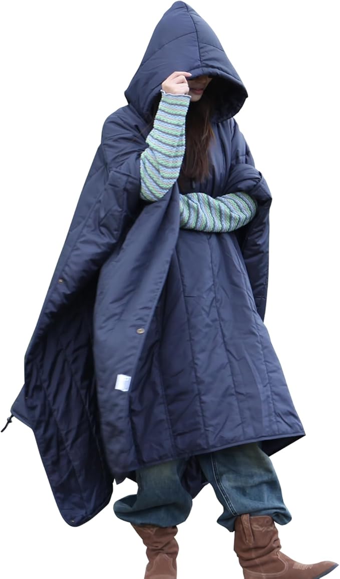 DUKUSEEK Outdoor Wearable Camping Blanket with Hood Large Packable Backpacking Hooded Stadium Blankets Lightweight Warm Quilt for Picnic Hiking Football 79X56