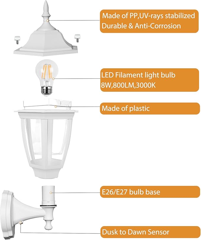 FUDESY Outdoor Wall Light Dusk to Dawn Porch Sensor Light White Plastic Anti-Corrosion with LED Edison Filament Bulb Exterior Mount Lantern for House Garage (1-Pack) FDS2542PS-W
