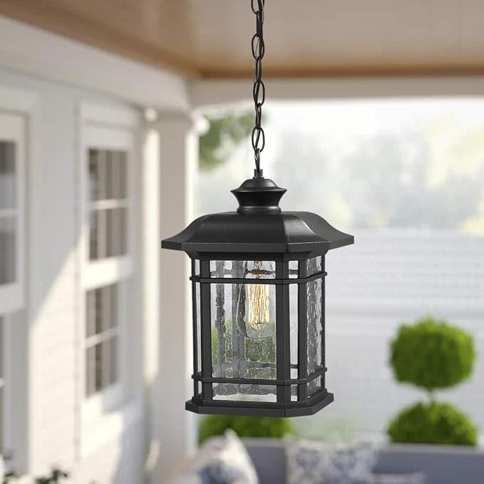 Emliviar Modern Exterior Pendant Light Lantern 14 Outdoor Hanging Light in Black Finish with Seeded Glass A2202110D1