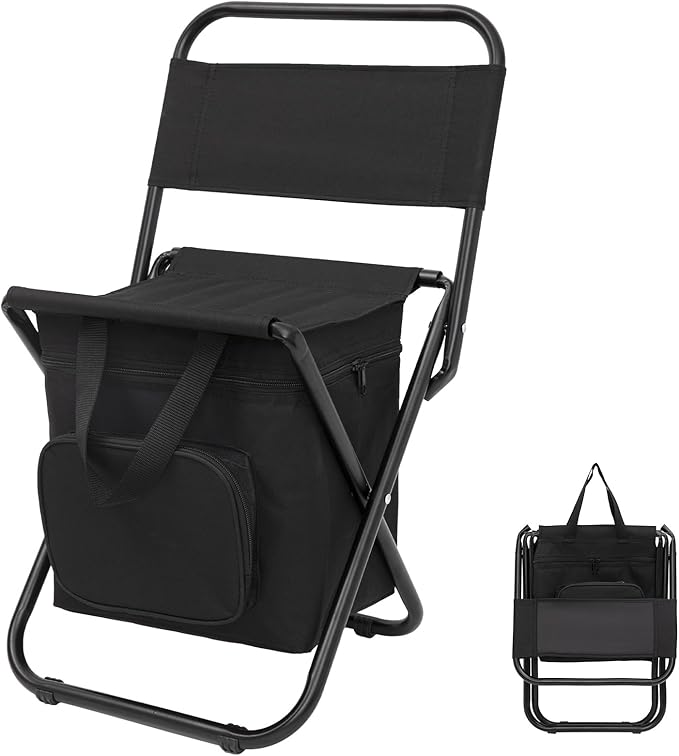FUNDANGO Portable Fishing Chair Lightweight Backrest Stool Compact Folding Chair with Cooler Bag for Outdoors Hiking Hunting Travel Supports 265 Lbs (Black)