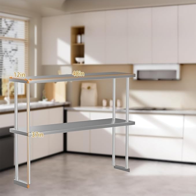 Overshelves Stainless Steel 12'' x 48'' Overshelf Commercial 2 Tier Shelf for Prep &amp Work Table in Restaurant Home and Kitchen