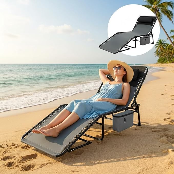 Outdoor Chaise Lounge Chair Folding Tanning Chair with 5-Position Adjustable Backrest Portable Sun Lounger with Carry Handle Side Pocket and Removable Pillow for Beach Pool Patio Camping Gray