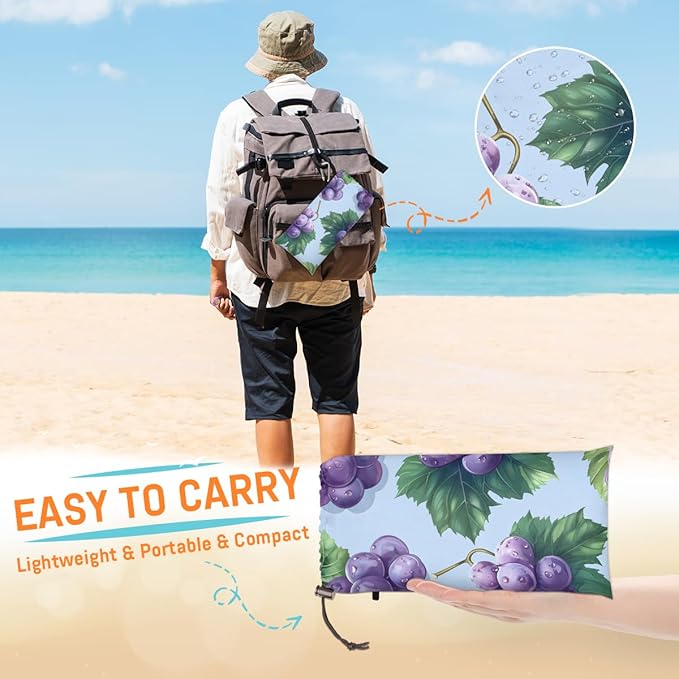 Waterproof Sandproof Beach Blanket 59''×68'' Fruits Grapes Polyester Outdoor Picnic Blanket with 4 Stakes &amp Storage Bag for BeachCampingVacation Purple