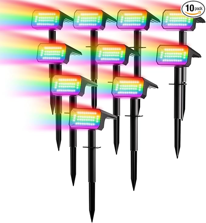 Fabrito Color Changing Solar Spot Lights Outdoor 10 Pack [6+1 Lighting Modes] Auto On/Off RGB Spotlights Waterproof Multicolor Landscape Lights for Garden Tree Halloween Christmas