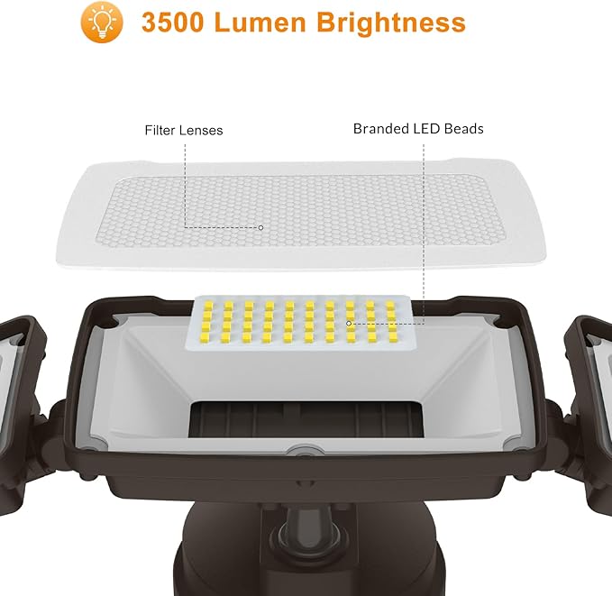 LEPOWER 3500LM Dusk to Dawn LED Security Lights Outdoor 35W Outdoor Flood Light with Photocell 5500K IP65 Waterproof 3 Head Exterior Light for Garage Patio Yard（Brown） (Pack of 2)