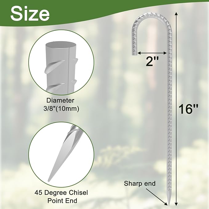 Rebar Stakes 16 Inch 3/8 Diameter Tent Stakes Heavy Duty 28 Pack Galvanized Steel Chain Link Fence Stakes Metal Ground Anchors for Outdoor Decorations Bounce House Trap Fencing