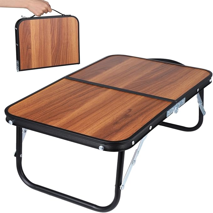 Mini Camping Table Compact Walnut Wood Folding Side Low Table for Camp Foldable Lightweight and Portable Table for Picnic Travel Beach