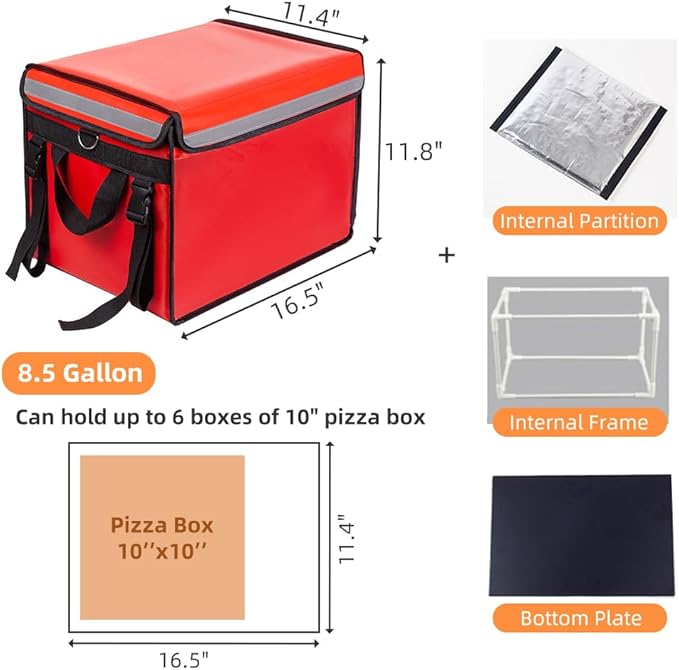 TooCust Red Insulated Bags For Food Delivery 16.5 x 11.4 x 11.8 Commercial Insulated Food Delivery Bag w/Divider Waterproof &amp Foldable Catering Bag