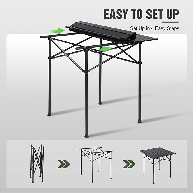 REDCAMP Roll Up Camping Tables That Fold Up Lightweight Portable Compact Metal Camp Table for Grill Outdoor Picnic Black Square 28x28 inches