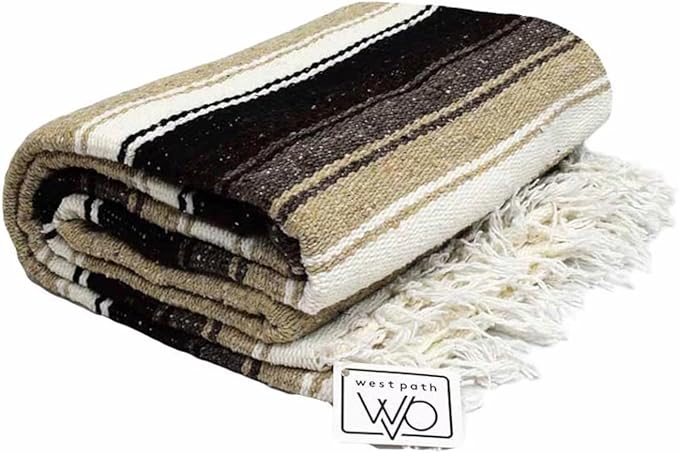 Handmade Mexican Yoga Blanket – Thick Tan Serape with Black Brown &amp White Stripes and Center Diamond Pattern – Soft Durable Machine Washable