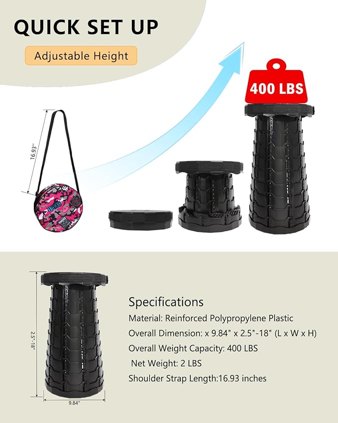 Upgraded Foldable Thickened Collapsible Stool Portable Folding Seat Adjustable Height Retractable Suitable for Fishing Hiking Camping BBQ Party Outdoor (Black)