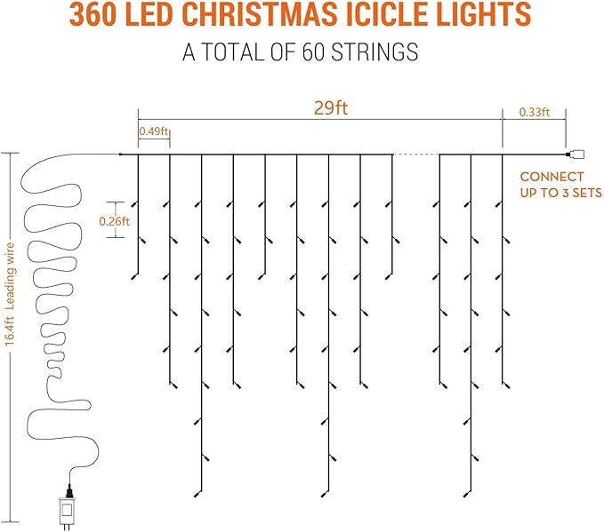 Brizled Christmas Icicle Lights 29ft 360 LED Outdoor Icicle Lights Color Changing with Remote 11 Function Connectable Christmas Lighting Warm White &amp Multicolor Xmas Lighting for Xmas Home Weddi