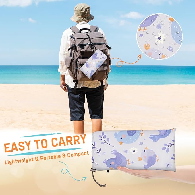 Waterproof Sandproof Beach Blanket 59''×68'' Animal Chicken Polyester Outdoor Picnic Blanket with 4 Stakes &amp Storage Bag for BeachCampingVacation Purple