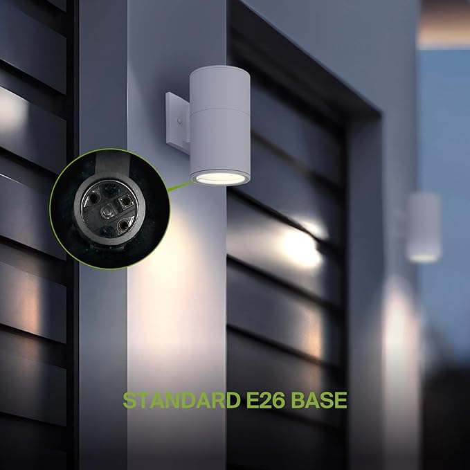 ASD 1 Light Outdoor Wall Light Fixture | 60W E26 Bulb Socket 120V ETL Cylinder Up Down Lights | LED/CFL/Incandescent Bulb Exterior Wall Sconce | Front Door Porch Patio Lighting | White
