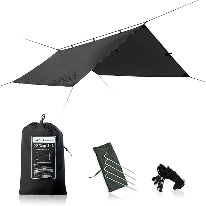 DD Hammocks - DD Tarp 3x3 - Jet Black (10ft x 10ft) - 100% Waterproof - Lightweight &amp Multifunctional Stealth Rainfly Tarp Tent Shelter for Bushcraft &amp Camping