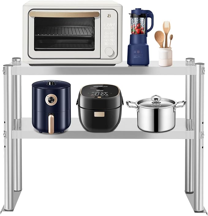 Double Overshelf 2-Tier Stainless Steel Kitchen Shelf Height Adjustable Overshelf Kitchen Prep Work Table Double Tier Overshelf for Kitchen Restaurant (12 x 30 Inch)