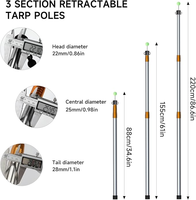 KOMCLUB Telescoping Tent Tarp Pole Adjustable Tarp Poles 3 Section Heavy Duty Canopy Poles Stainless Steel Portable Camping Poles 33-86.61 for Hiking Car Canopy Awning 2Pcs Set (Gold)