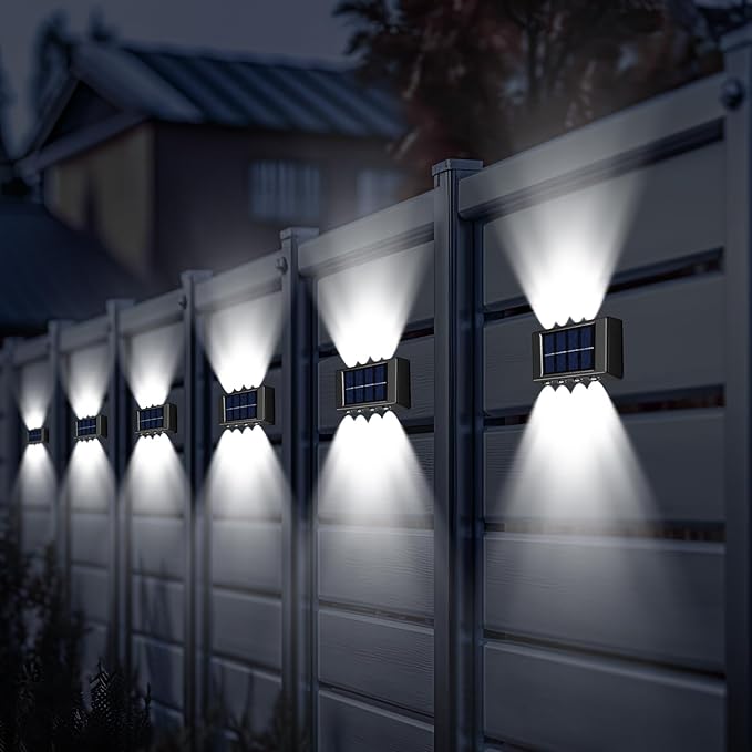 8 Pack Solar Wall Lights for Outside 6000K Cold Solar Fence Lights Up and Down LED Autumn Outdoor Decorative Waterproof Lamps Dusk to Dawn LED Lighting Wall Sconces for Outside Deck Garage