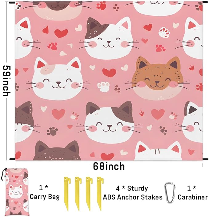 Waterproof Sandproof Beach Blanket 59''×68'' Cute Cats Polyester Outdoor Picnic Blanket with 4 Stakes &amp Storage Bag for BeachCampingVacation Pink