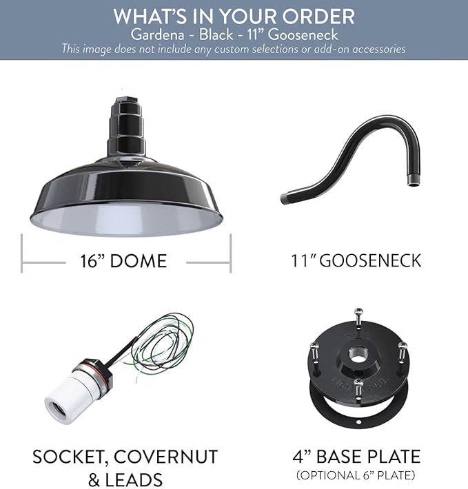 Steel Lighting Co. | Dusk to Dawn | Gardena Barn Light | Outdoor Wall Mounted | 16 Dome | 11 Gooseneck | Farmhouse Light Made in America | Matte Black Exterior/Brass Interior