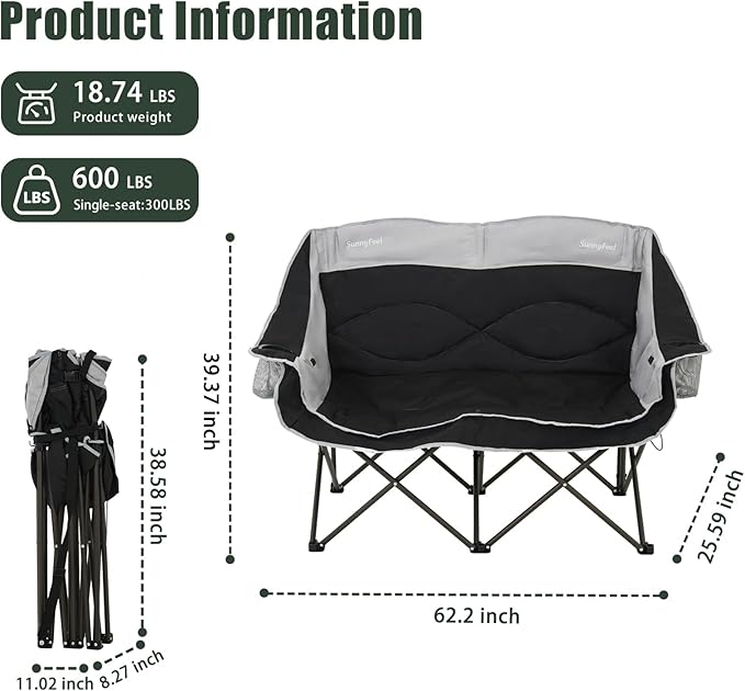 SUNNYFEEL Heated Double Camping Chairs Padded Loveseat Chair for 2 Person Heavy Duty Oversized Camping Couch 600lbs for Adults Portable Outdoor Lawn Chair with Cup Holder for Outdoor Patio RV Camping