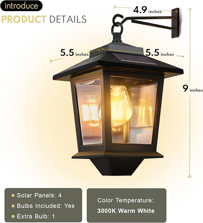 PASAMIC 2 Pack Solar Wall Lanterns with Replaceable BulbOutdoor Hanging Lights with 4 Solar PanelsDusk to Dawn Led Outdoor Wall Sconce Anti-Rust Waterproof Lanterns with Hooks3000K Warm White