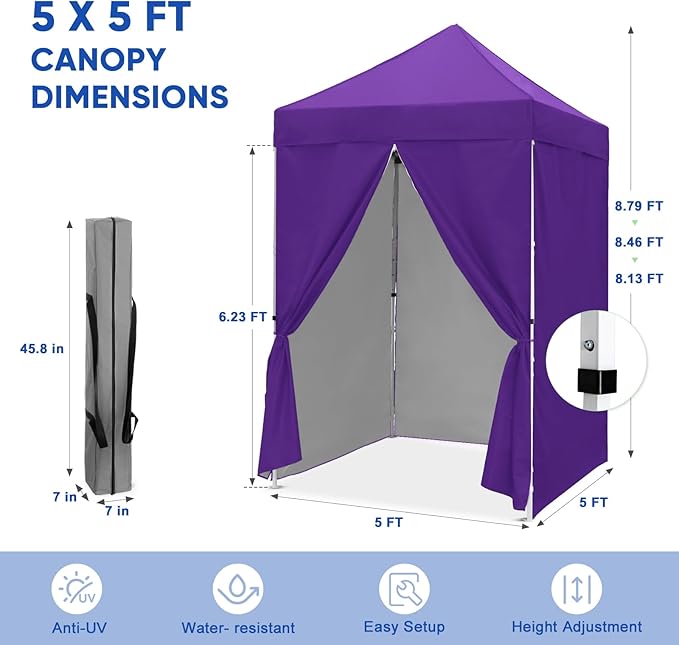 COOS BAY Pop Up Canopy Tent 5x5 with Four Side Walls Portable Lightweight Sun Shelter with Carry Bag Outdoor Shade for Beach Sports Hiking Patios Backyard Events Purple