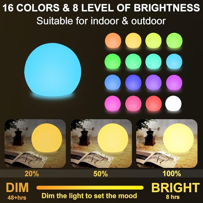 LED Globe Orb Light 6-in LED Light Ball for Kid 16 Dimmable Colors &amp 4 Modes Light Up Ball Mood Lamp w/Remote Rechargeable Orb Night Lights Waterproof Outdoor Globe Lights for Home/Nursery/Part